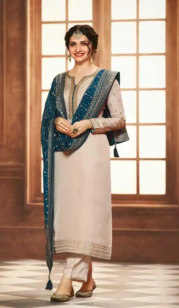 Cream Color Satin Georgette Celebrity Prachi Desai Salwar Kameez -229119328