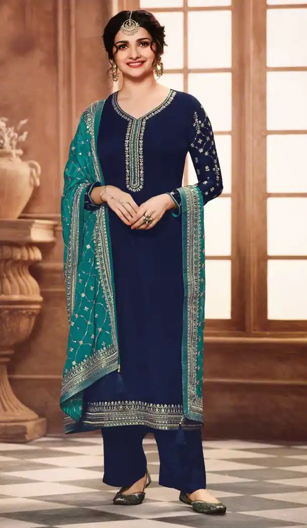 Navy Blue Color Satin Georgette Celebrity Prachi Desai Salwar Kameez -229119330