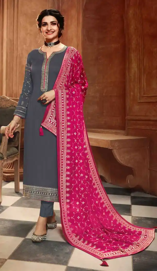 Grey Color Satin Georgette Celebrity Prachi Desai Salwar Kameez -229119331