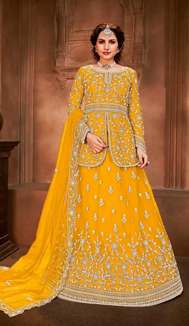 Yellow Color Net Designer Embroidered Wedding Wear Lehenga Choli -237119358