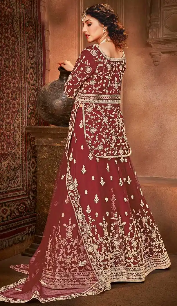 Maroon Color Net Designer Embroidered Wedding Wear Lehenga Choli -237119359
