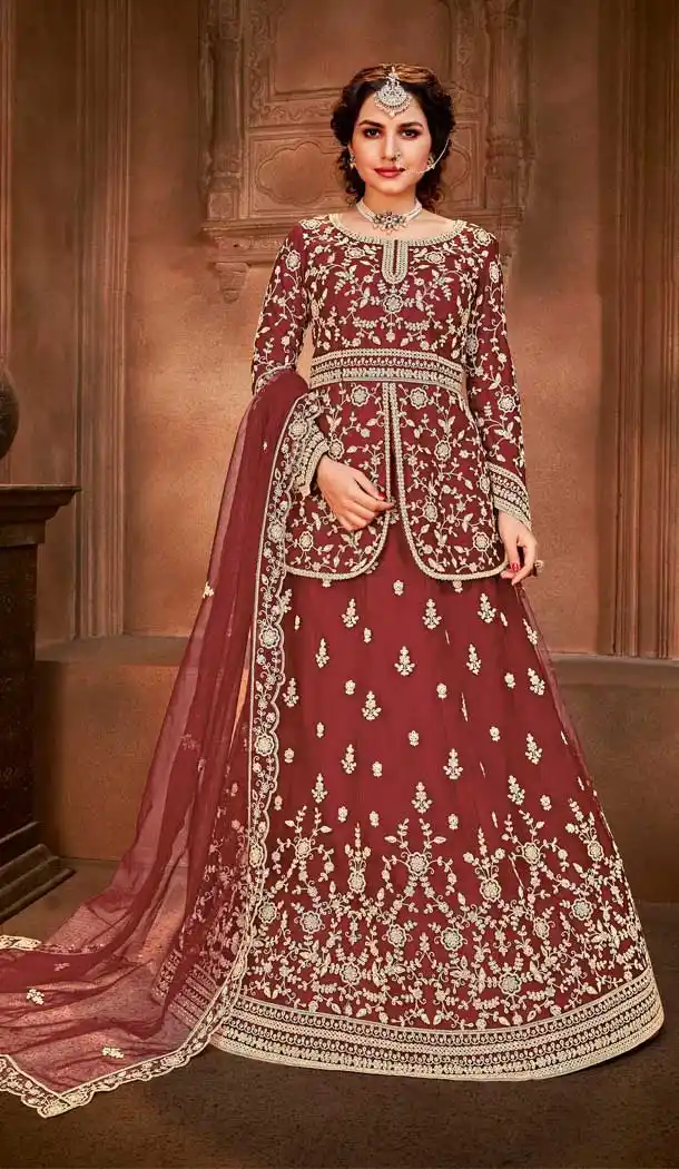 Maroon Color Net Designer Embroidered Wedding Wear Lehenga Choli -237119359