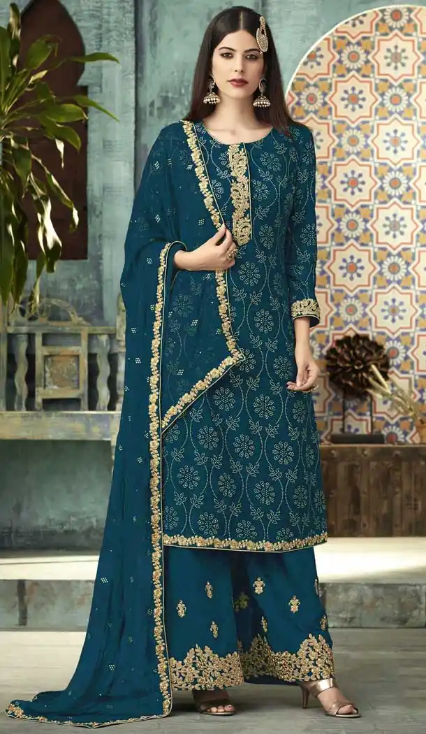 Turquoise Georgette Casual Office Party Wear Palazzo Salwar Suit -239119370