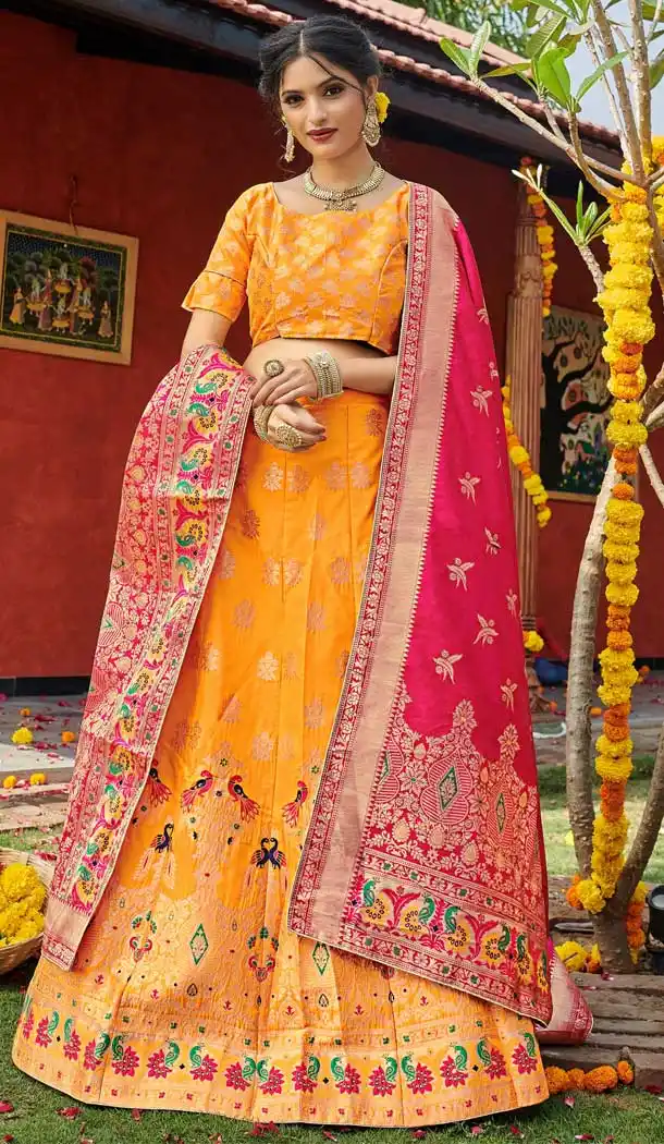 Yellow Color Banarasi Silk Jequard Designer Wear Lehenga Choli -219119205