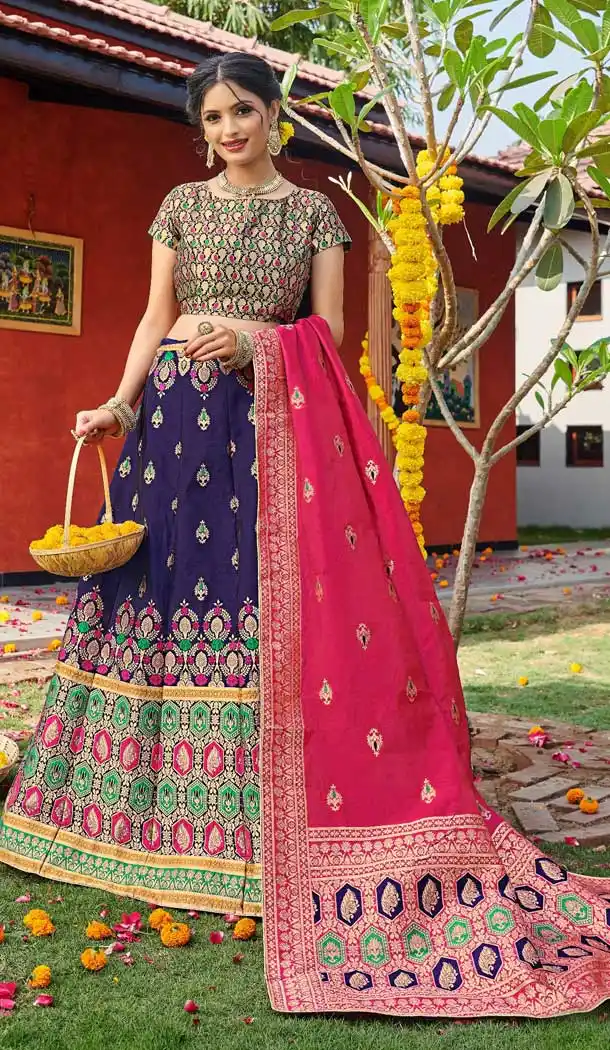 Navy Blue Color Banarasi Silk Jequard Designer Wear Lehenga Choli -219119206