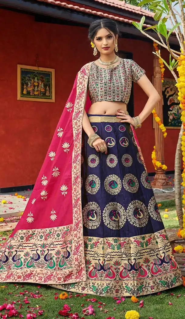 Navy Blue Color Banarasi Silk Jequard Designer Wear Lehenga Choli -219119209