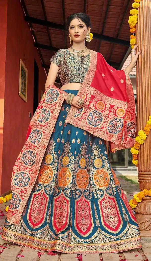 Teal Blue Color Banarasi Silk Jequard Designer Wear Lehenga Choli -219119211