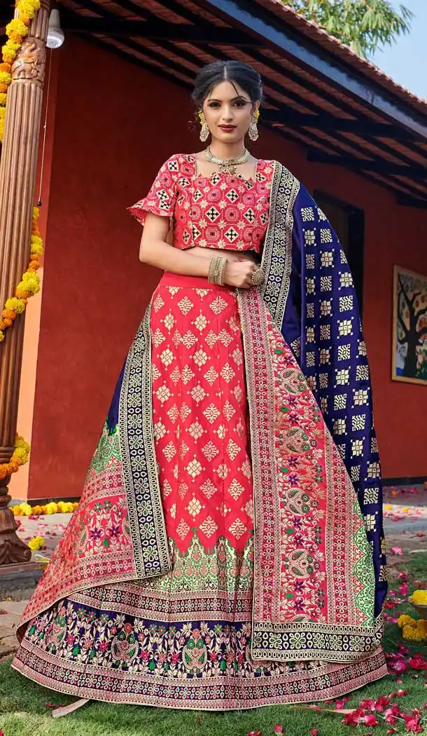Redish Pink Color Banarasi Silk Jequard Designer Wear Lehenga Choli -219119212