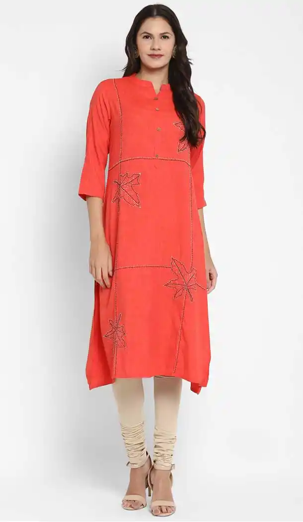 Coral Color Tone Rayon Readymade Summer Casual Party Wear Kurti -225119292