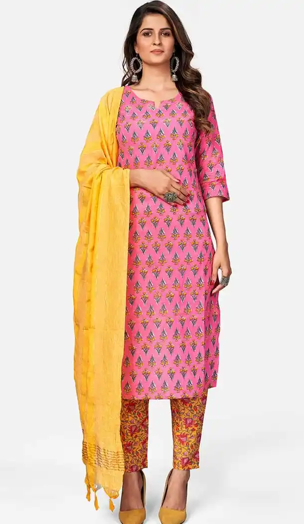 Pink Color Cotton Readymade Party Wear Women Kurta With Dupatta -226119304