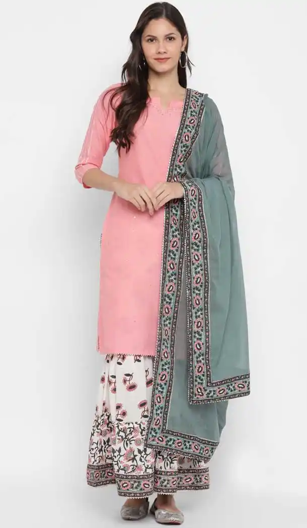 Pink Color Cotton Readymade Party Wear Women Kurta With Dupatta -226119306
