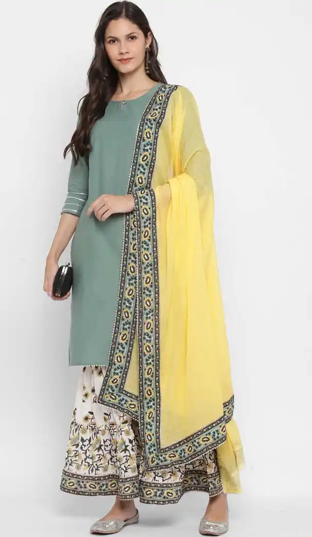 See Green Color Cotton Readymade Party Wear Women Kurta With Dupatta -226119308