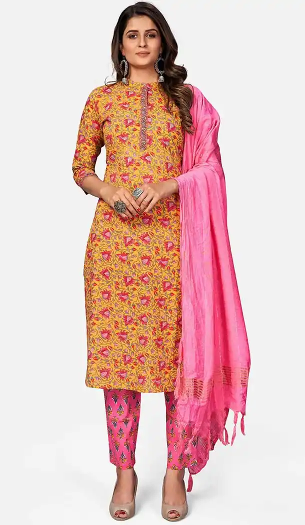 Mustard Color Cotton Readymade Party Wear Women Kurta With Dupatta -226119310