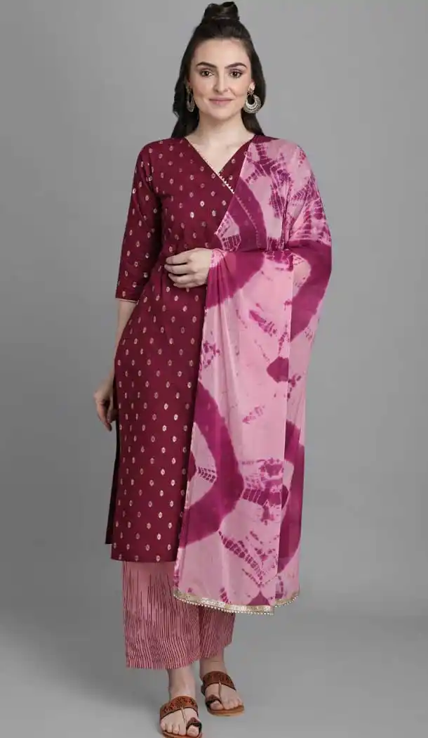 Wine Color Cotton Readymade Party Wear Women Fancy Kurti -244119387