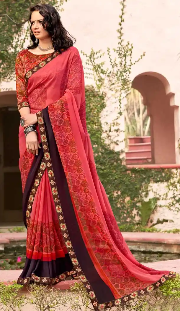 Coral Color Georgette Traditional Casual Wear Saree Blouse -201118913