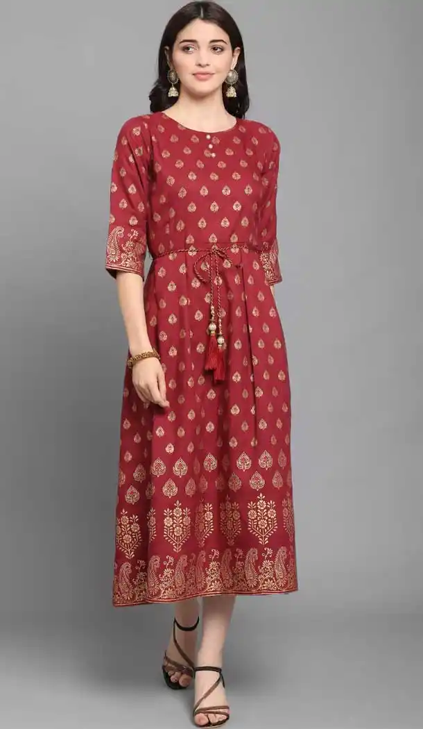 Maroon Color Rayon Trendy Casual Party Wear Long Kurti -248119408