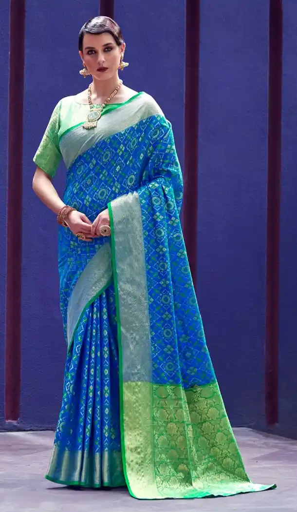 Sky Blue Color Indian Patola Silk Casual Party Wear Saree Blouse -250119423