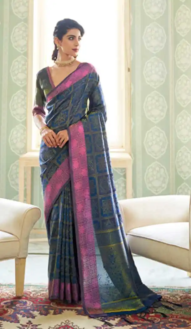 Exquisite Navy Blue Color Handloom Weaving Party Wear Saree Blouse -251119426