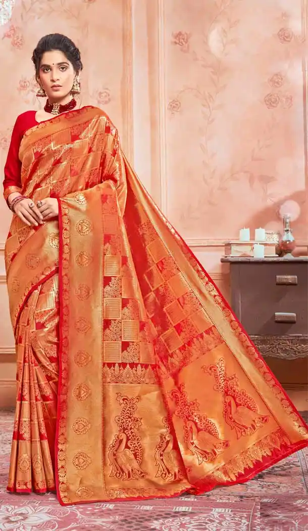 Red Color Jacquard Silk Designer Classic Wear Saree Blouse -262119496