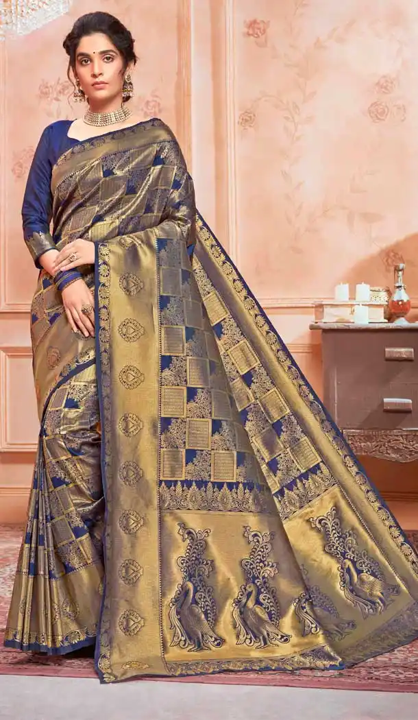 Gleaming Blue Color Jacquard Silk Designer Classic Wear Saree Blouse -262119497