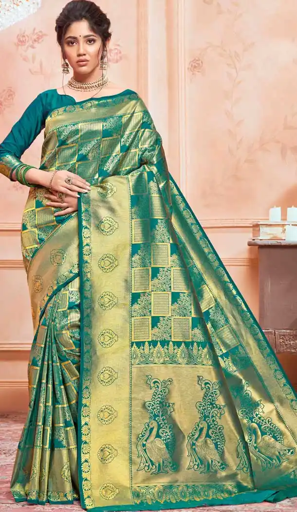 Rama Green Color Jacquard Silk Designer Classic Wear Saree Blouse -262119499