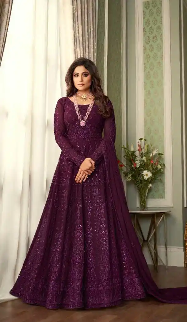Wine Color Georgette Designer Party Wear Gown Suit -265119511