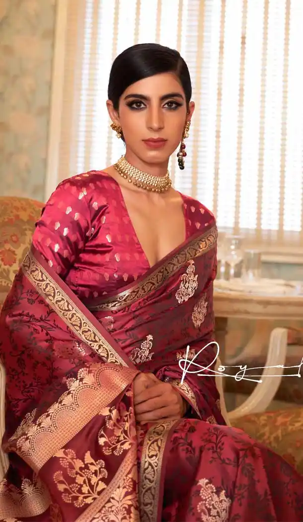 Pinkish Maroon Color Pure Satin Weaving Classic Traditional Party Wear Saree -255119449
