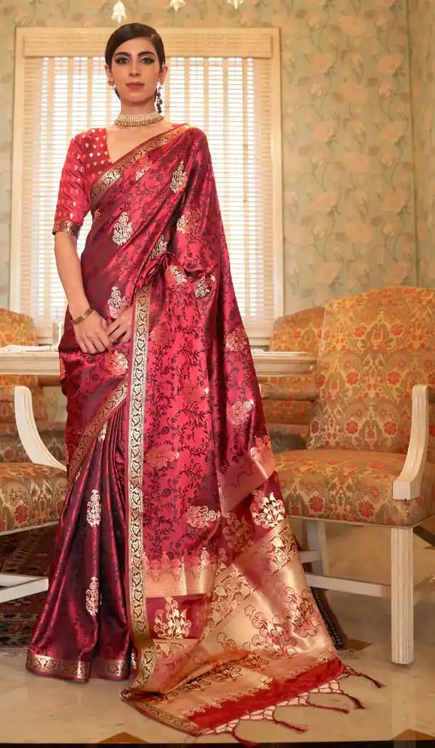 Pinkish Maroon Color Pure Satin Weaving Classic Traditional Party Wear Saree -255119449