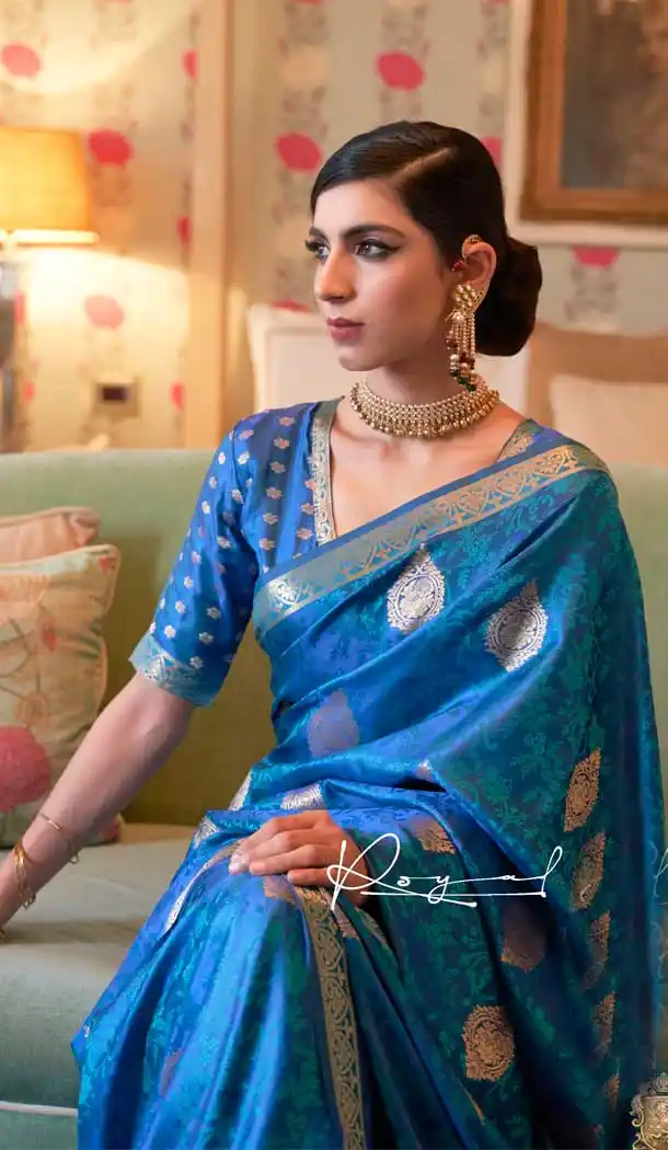 Blue Color Pure Satin Weaving Classic Traditional Party Wear Saree -255119450