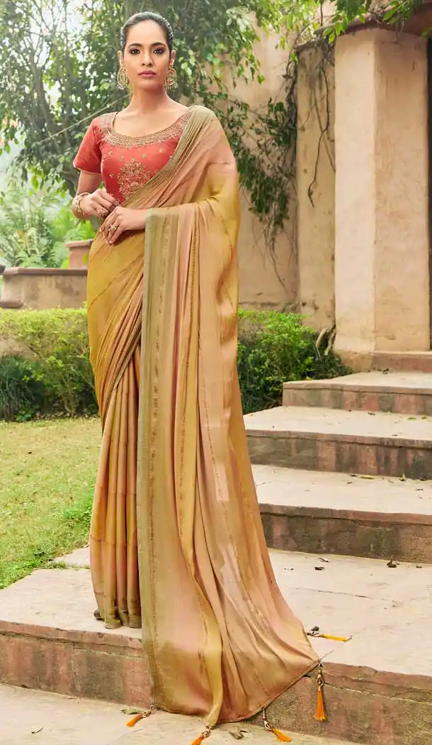 Coral Color Chiffon Foil Work Classic Traditional Party Wear Saree -269119538