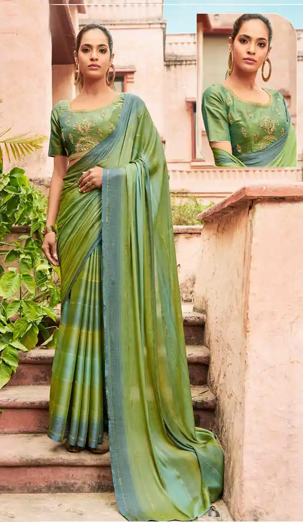 Green Color Chiffon Foil Work Classic Traditional Party Wear Saree -269119540