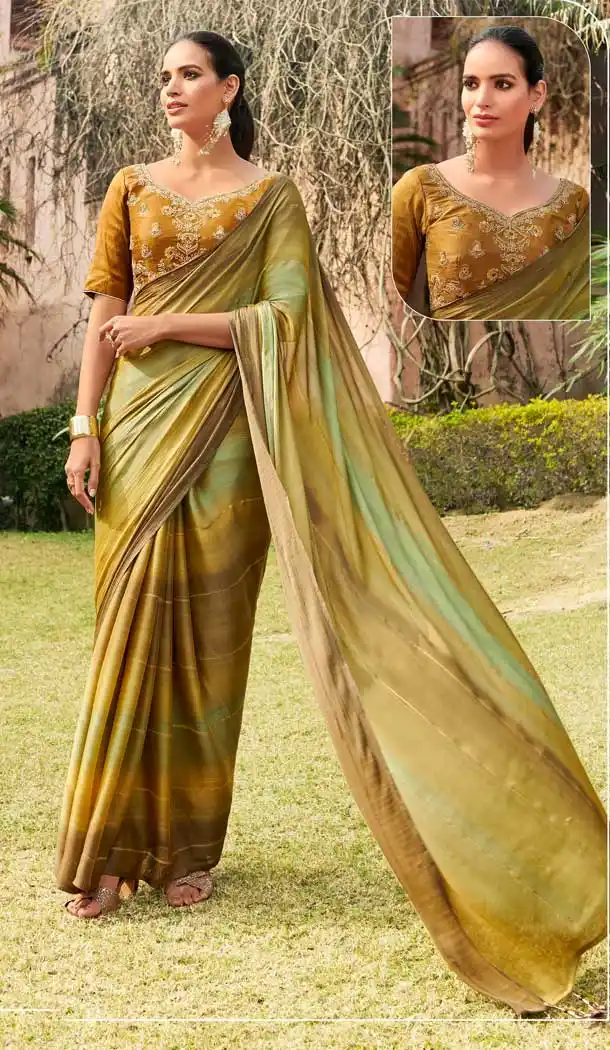 Musterd Color Chiffon Foil Work Classic Traditional Party Wear Saree -269119541
