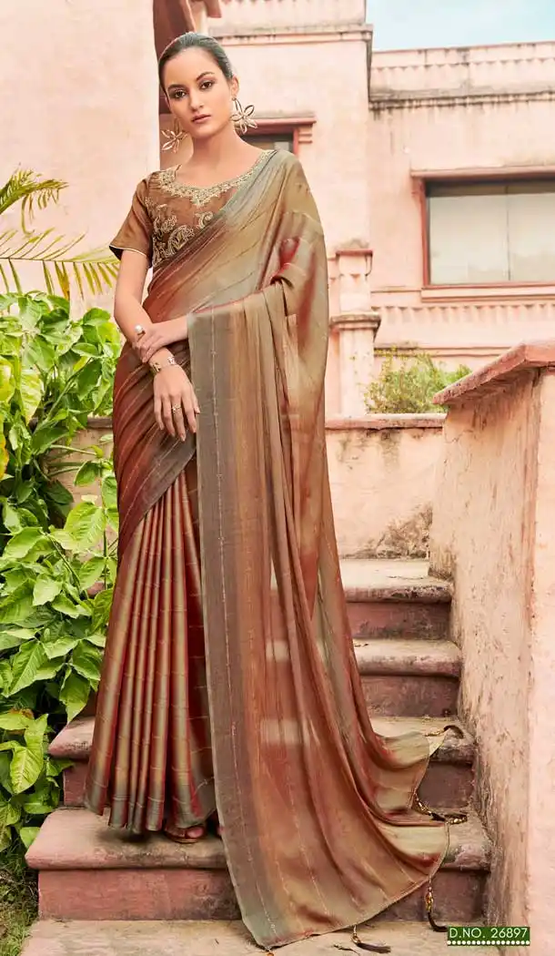 Brown Color Chiffon Foil Work Classic Traditional Party Wear Saree -269119542