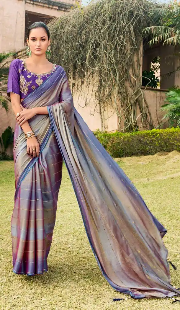 Dark Purple Color Chiffon Foil Work Classic Traditional Party Wear Saree -269119543