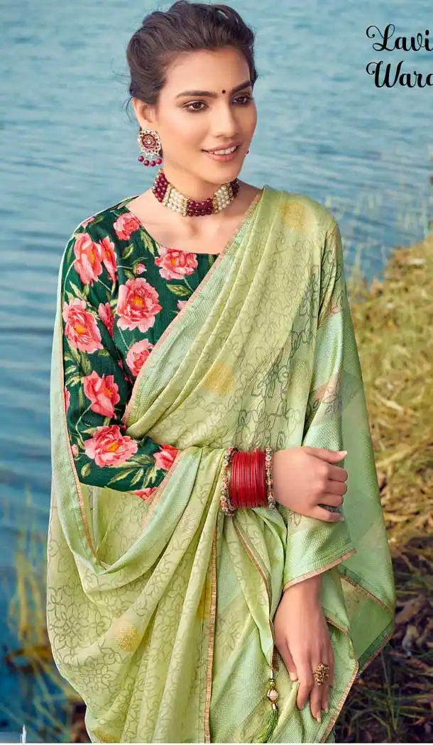 Pista Color Brasso Silk Foil Printed Classic Casual Party Wear Saree -274119572