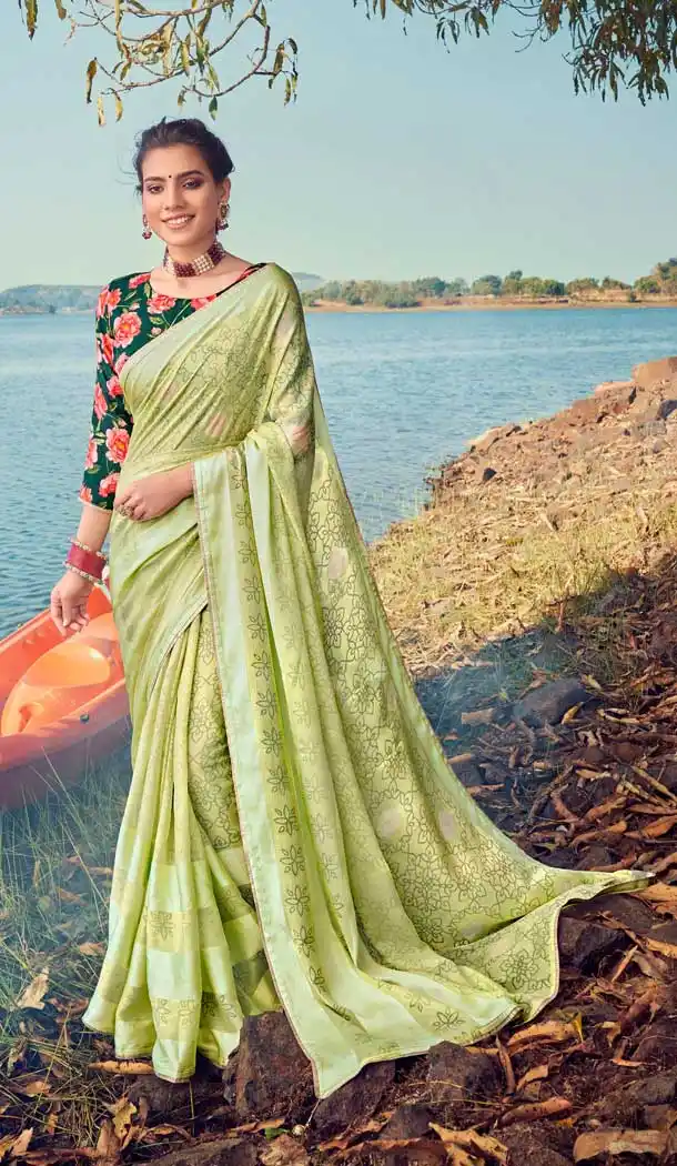 Pista Color Brasso Silk Foil Printed Classic Casual Party Wear Saree -274119572