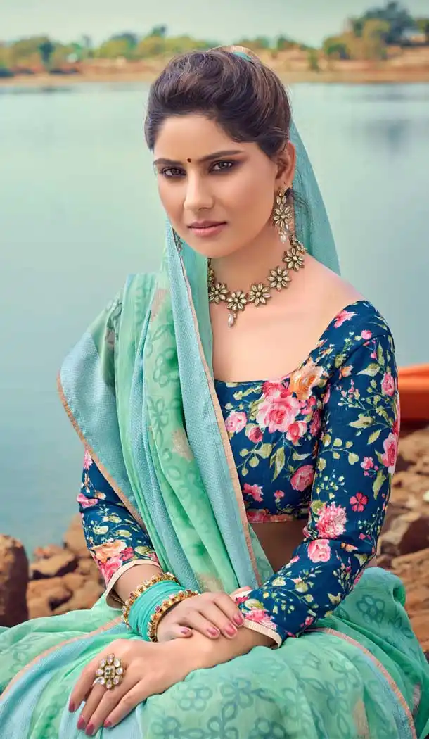 Aqua Green Color Brasso Silk Foil Printed Classic Casual Party Wear Saree -274119573