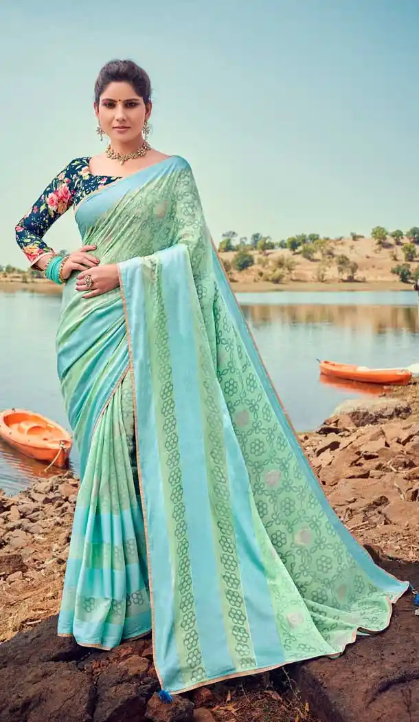 Aqua Green Color Brasso Silk Foil Printed Classic Casual Party Wear Saree -274119573