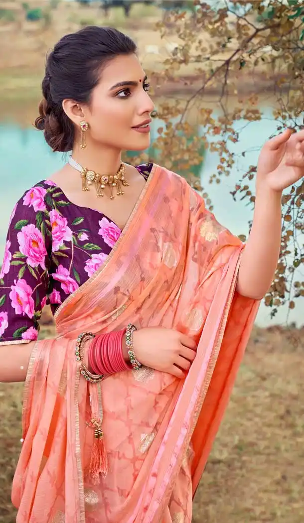 Peach Color Brasso Silk Foil Printed Classic Casual Party Wear Saree -274119574