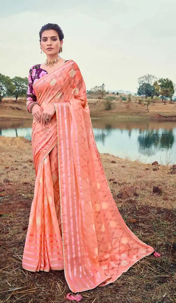 Peach Color Brasso Silk Foil Printed Classic Casual Party Wear Saree -274119574