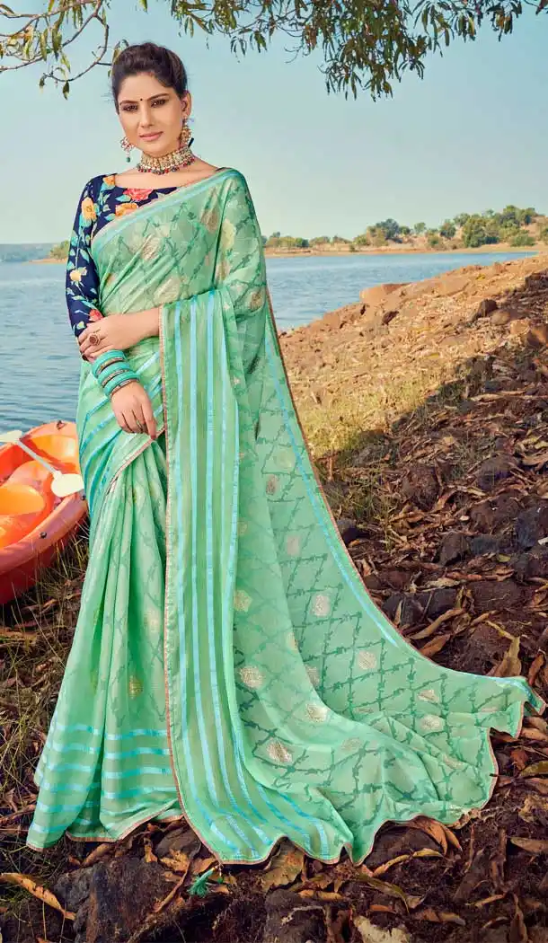 Sea Green Color Brasso Silk Foil Printed Classic Casual Party Wear Saree -274119578
