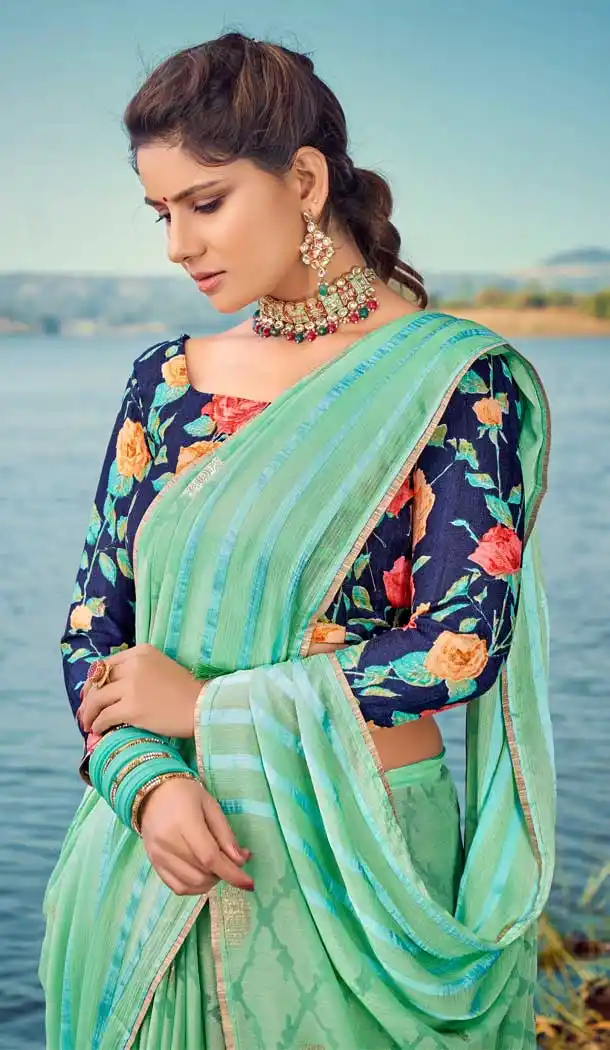 Sea Green Color Brasso Silk Foil Printed Classic Casual Party Wear Saree -274119578