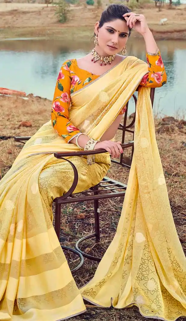 Light Yellow Color Brasso Silk Foil Printed Classic Casual Party Wear Saree -274119579