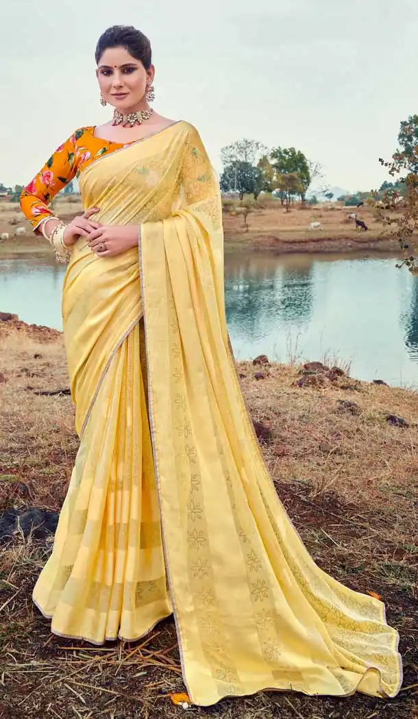 Light Yellow Color Brasso Silk Foil Printed Classic Casual Party Wear Saree -274119579