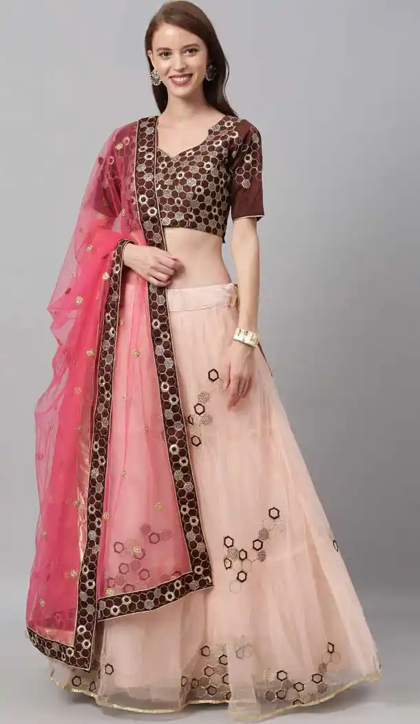 Peach Color Net Designer Bridal Mehendi Sangeet Wear Lehenga Choli -AC86205411