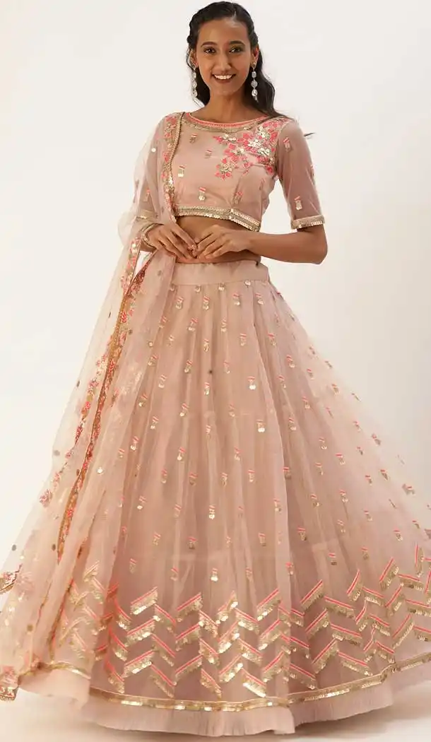 Ethnic Peach Color Net Designer Bridal Mehendi Sangeet Wear Lehenga Choli -AC86205415