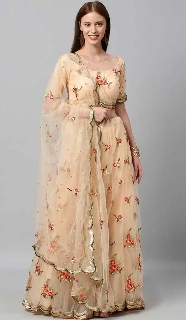 Lovely Peach Color Net Designer Bridal Mehendi Sangeet Wear Lehenga Choli -AC86205416