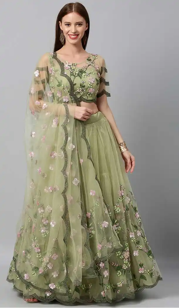Pista Color Net Designer Bridal Mehendi Sangeet Wear Lehenga Choli -AC86205417