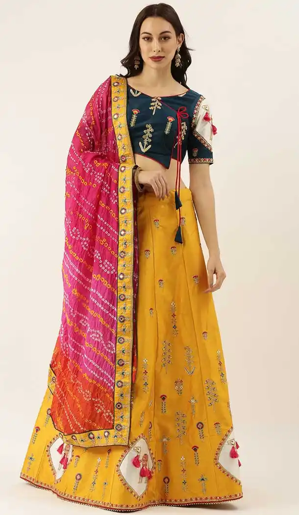 Musterd Color Satin Silk Designer Bridal Mehendi Sangeet Wear Lehenga Choli -AC86205418