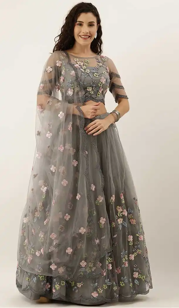 Grey Color Net Designer Bridal Mehendi Sangeet Wear Lehenga Choli -AC86205419